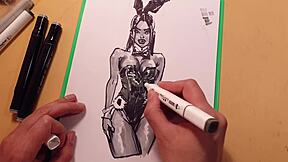 Drawn hot sexy girl in latex quick sketch with markers