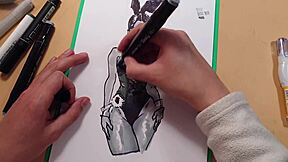 Drawn hot sexy girl in latex quick sketch with markers