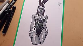 Drawn hot sexy girl in latex quick sketch with markers