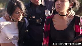 Lp officers whips out his prick and the two shoplifter teen 18+s wraps their lips around it