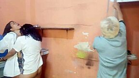 We have explosive lesbian sex in front of the painter! Big pussy and ass gaping to orgasm with natural tits.