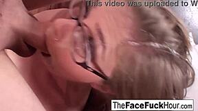 teen in glasses slobbers on his hard cock