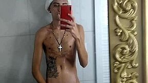 Tattooed Brazilian Handjob Before Christmas Dinner