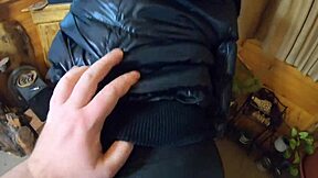 Milfycalla spills a lot of cum on her black down jacket and leather leggings