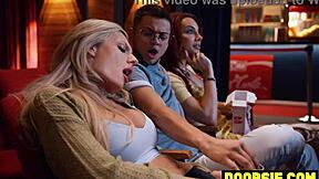 that shocking guy with a pussy takes pounding from two big-boobed shemales hard