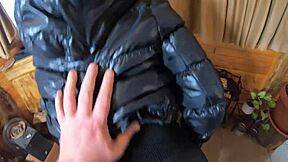 Milfycalla spills a lot of cum on her black down jacket and leather leggings
