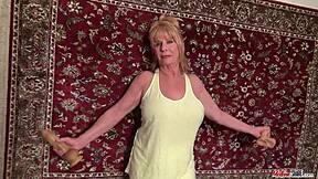 Mature granny drives massive dildo into her pink cherry tits masturbation