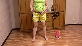 Gymnastics Brunette's Gaping Anus in Shorts During Solo Masturbation