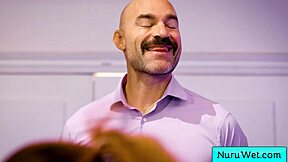 blonde teen prepares client for wet nuru massage