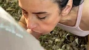 feeling thrilled as she sucks his dick in the woods with honks