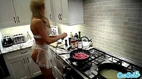 Brandi Love In Lingerie Cooking, Displaying Big Tits And Trimmed Pussy In Kitchen
