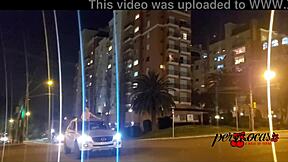 moto boy chases woman flashing on car sunroof