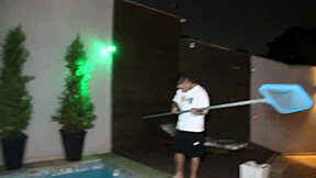 The pool guy surprises the skinny wife with his bodybuilder cock by the pool