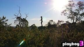 Miluniel louis undresses outdoors, posing naked with her medium tits and bubble butt