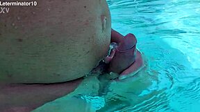 Amateur Jerking Off Huge Cock in Pool During Solo Masturbation Session