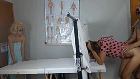 Two naughty girls visit gynecologist for pussy play