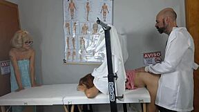 Two naughty girls visit gynecologist for pussy play