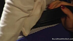 Bound submissive lesbian slave with big tits orgasms hard from intense strapon fucking