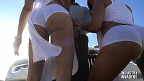 In the outdoor public spot, she gave luxury blowjobs with sloppy face fucking and big ass riding his big black cock until cumshot.