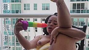 Detailed pussy squirting on balcony with toys and masturbation in public outdoor solo