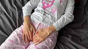 Horny teen 18+ 18yo in pajama fingering pussy squirt and get cumshot from big cock