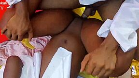 Horny ebony couple fucks rough on ranch with monster cock in ass