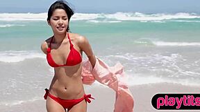 Petite Asian Milf And Ukrainian Brunette Babe Strip At The Beach