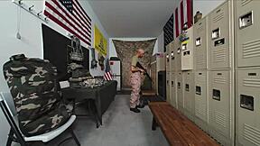 Army day threesome explodes with scarlett mae and scarlet skies in intense group action.