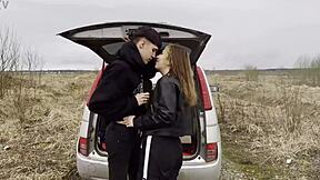 Horny teen couple fucks intensely in the car.