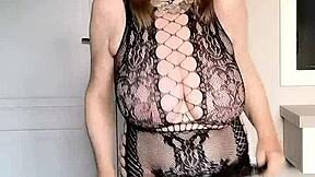 i admire this black net dress with high heels and close up view