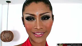 Beautiful ladyboy shows off nice round boobs and giant cock!