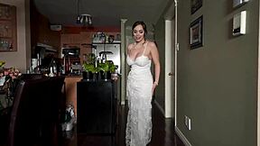 At the wedding, the bride dances in her dress and gives jerk off instructions to the married groom