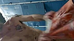 guy masturbates his big cock in the gym bathroom solo