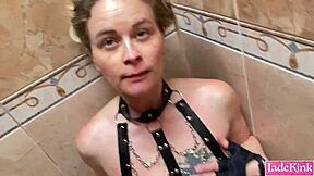 Blue-eyed submissive slut handcuffed for rough mouth fucking in the shower