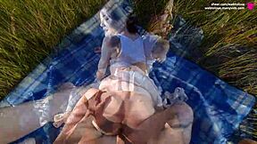 Hot wife with unshaved pussy and meaty lips tests hard boner stamina in nature