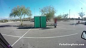 chubby slut kneels at outdoor gloryhole for blowjob and swallow