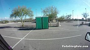 chubby slut kneels at outdoor gloryhole for blowjob and swallow