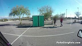 chubby slut kneels at outdoor gloryhole for blowjob and swallow