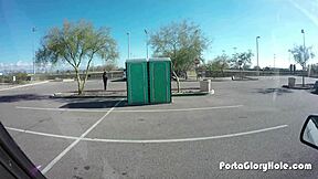 chubby slut kneels at outdoor gloryhole for blowjob and swallow