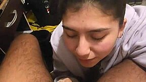 My girlfriend gives quick blowjob, sucking cock intensely in POV.