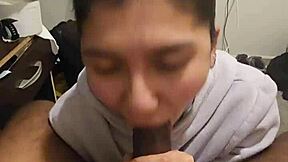 My girlfriend gives quick blowjob, sucking cock intensely in POV.