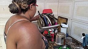 Hey, stepmom gets loads of cum on her face in the kitchen