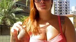 Redhead with swollen pussy flashes live on exhibitionist stream!