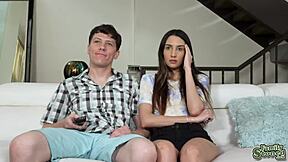 Stepbrother reveals his massive cock for stepsister's deepthroat slobbering on the sofa