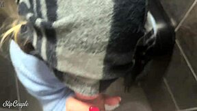 Cute babe enjoys public toilet after table handjob in restaurant