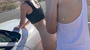 being fucked by two guys bent over car in desert