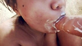 Sucking On A Big Realistic Dildo Closeup With Messy Milk Details