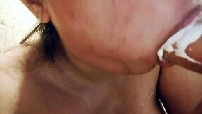 Sucking On A Big Realistic Dildo Closeup With Messy Milk Details