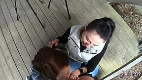 Amateurs suck big cock in POV backstage threesome