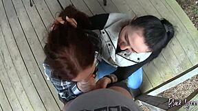 Amateurs suck big cock in POV backstage threesome